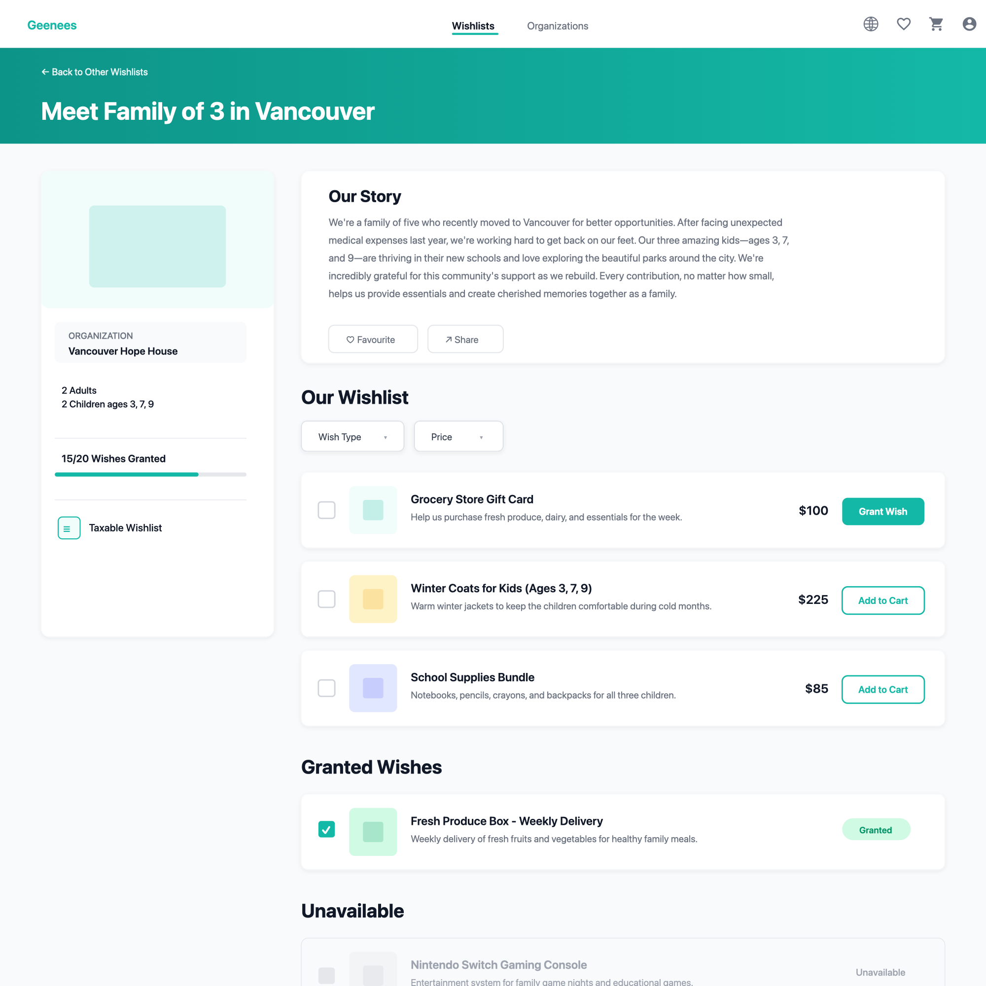 Family profile page with wishlist items